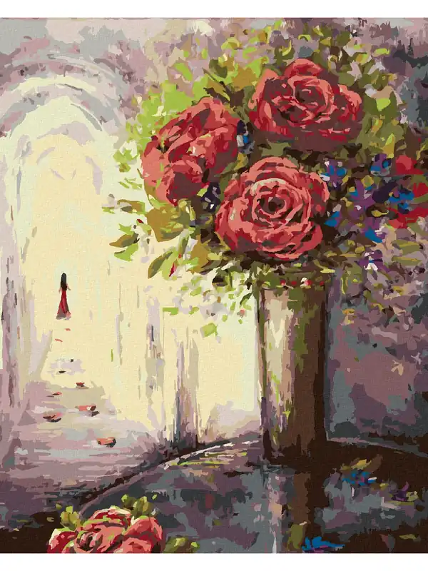 Nie zwlekaj - Haft diamentowy - RÓŻE W WAZONIE I KOBIETA W ODDALI